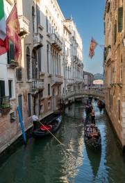 Rio del Palazzo with multiple bridges and gondoliers
San Marco district, Venice, Italy