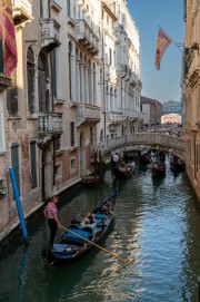 Rio del Palazzo with multiple bridges and gondoliers
San Marco district, Venice, Italy